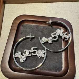 Chanel 2022 A22V Silver Tone Crystal Pearl CC Logo Bow Clover Half Hoop Earrings